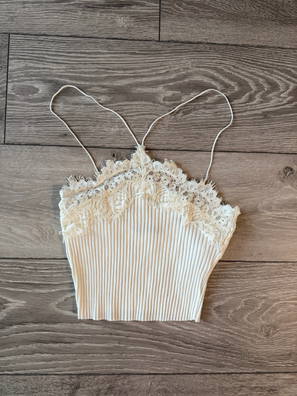 Zara Cream Lace-Trim Ribbed Crop Top